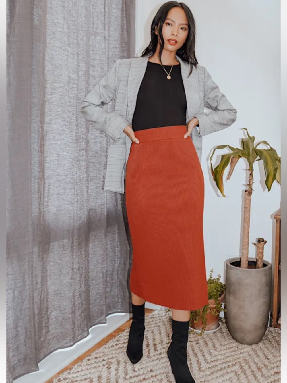 Lulu's Ribbed High-Waist Midi Skirt in Rust Orange - Picture 3 of 8